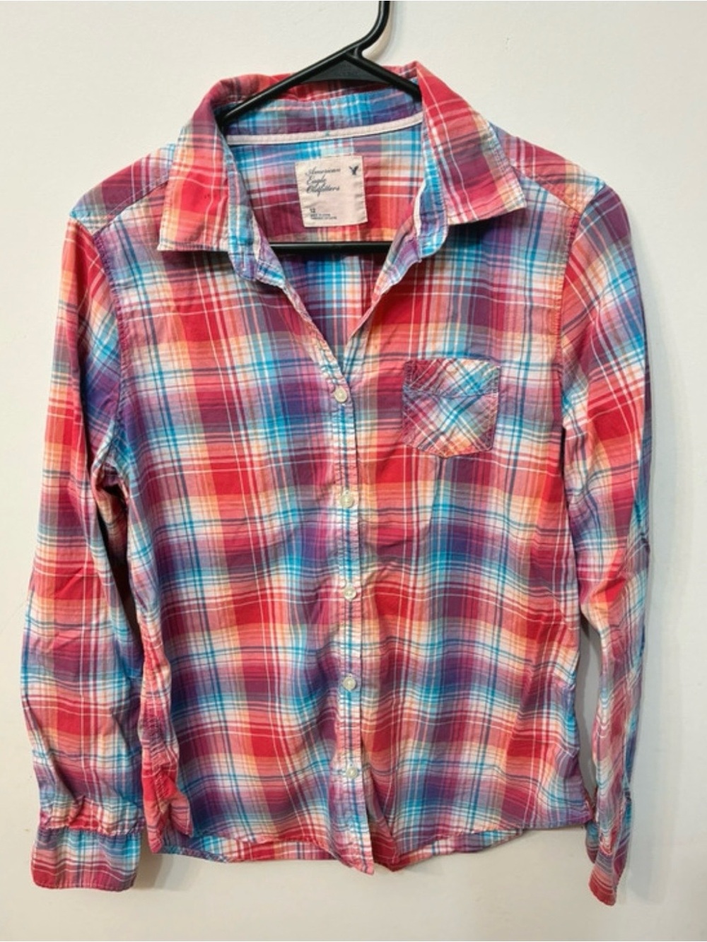 American Eagle Outfitters Girls Multicolor Plaid Button-Up Shirt - Pink, Blue